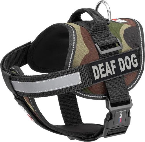 Vista 17 de Dogline Unimax - Arnés para perro con parches para perros sordos reflectantes sin tirones, correas ajustables, neopreno transpirable para médicos