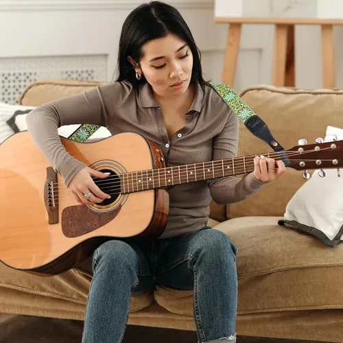 Vista 6 de Correa de guitarra, correas de algodón bordado jacquard con extremos de cuero genuino correa de hombro para bajo, acústico, guitarra eléctrica