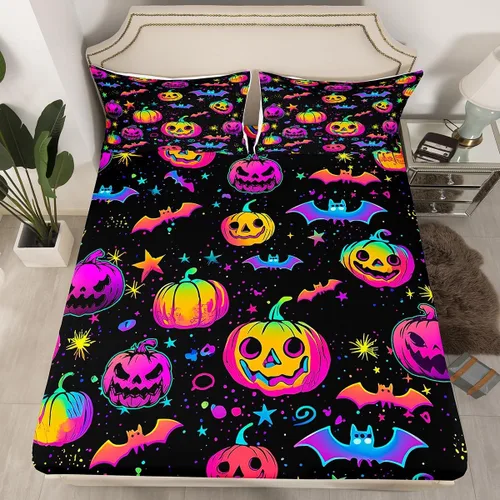 Vista 4 de Juego de sábanas de decoración de Halloween, tamaño individual, sábanas de calabaza arcoíris para niños y niñas con purpurina, calabaza, farol