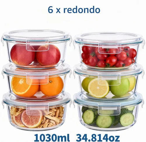 Vista 2 de 8 piezas de recipientes redondos de vidrio con tapas herméticas, juego de recipientes de almacenamiento de vidrio de 4 tazas, recipientes