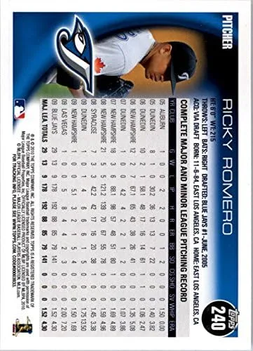 Vista 2 de 2010 Topps #240 Ricky Romero MLB Baseball Trading Card