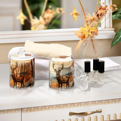Vista 7 de Vnurnrn Qtip - Dispensador de bolas de algodón con tapa, estampado de ciervos y bosques otoñales, tarros de plástico, recipientes de baño