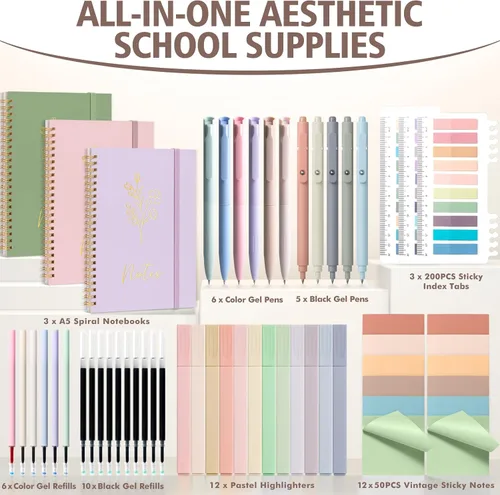 Vista 2 de 58 piezas de útiles escolares estéticos, lindo conjunto de cuadernos espiralados A5 con reglas universitarias, papelería para regreso a clases, kit