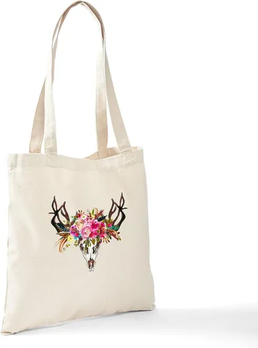 Vista 6 de CafePress Bolsa de lona natural con diseño de calavera de cuernos bohemios, bolsa de compras reutilizable