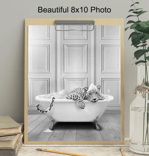 Vista 4 de Arte y decoración de pared de baño con estampado de leopardo, decoración de baño pequeño con gato grande, bonita decoración estética de habitación