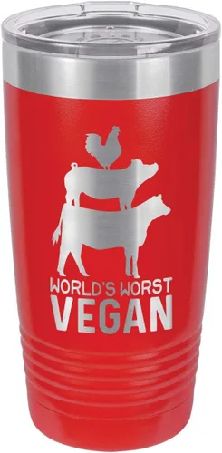 Vista 16 de Taza de viaje con pajita grabada a láser con citas de barbacoa, de la marca World's Worst Vegan, de 20 onzas, para comparar con Yeti Rambler