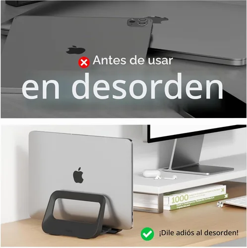 Vista 6 de Soporte vertical para computadora de escritorio, soporte de plástico para laptop con protección de silicona, compatible con todos los Negro