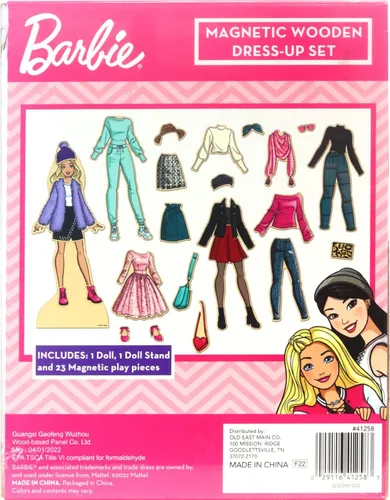 Vista 3 de Barbie - Juguete magnético de madera para disfrazarse, juego de simulación con muñeca Barbie de madera, trajes para mezclar y combinar y caja