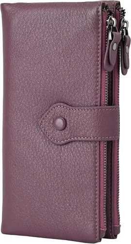 Vista 9 de Bveyzi - Cartera de cuero suave para mujer con bloqueo RFID, billetera plegable con doble cierre, porta-tarjetas para damas Soft, RFID Blocking