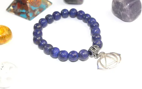 Vista 3 de HiJet Hermosa pulsera elástica de cuentas redondas de lapislázuli con cuentas redondas de 8 pulgadas de largo, equilibrio de energía positiva