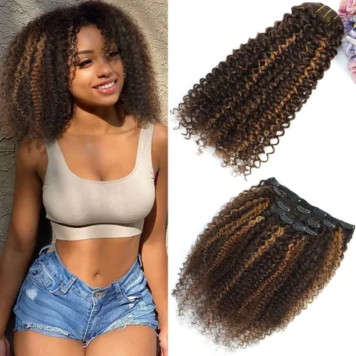 Vista 22 de Extensiones de cabello rizado con clip para mujeres afroamericanas, Urbeauty, Extensiones de cabello rizado con clip para cabello humano para chicas