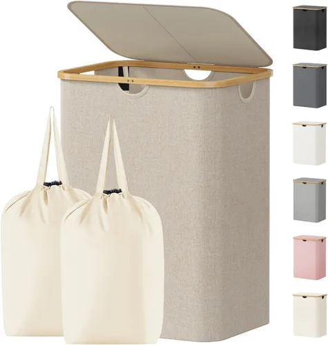 Vista 28 de Lifewit Cesta de lavandería de 80 litros con tapa, cestas de ropa para lavandería con asas de bambú y una bolsa de lavandería extraíble, cesta