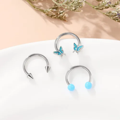 Vista 3 de Viallct 3 anillos de tabique de 16 G, herradura, nariz, cartílago, hélix, aretes de acero quirúrgico 316L, mariposa, nariz, aro de oreja, piercing