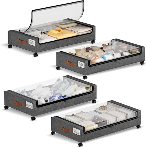 Vista 12 de Yecaye Almacenamiento Debajo de la Cama con Ruedas, 2 Paquetes de Cajas de Almacenamiento Debajo de la Cama con Tapas Transparentes y Etiqueta, 60L