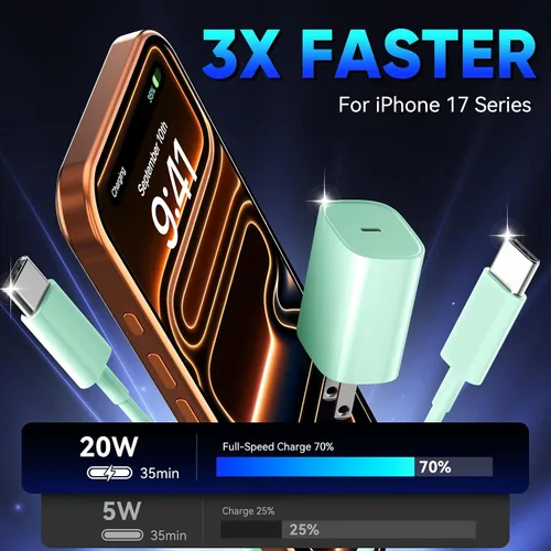 Vista 3 de Cargador para teléfono 17, 16, 15 Pro, carga rápida, 20 W, USB C, bloque de carga rápida con cargadores tipo C de 3 pies de largo, cable de carga