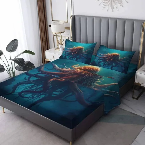 Vista 8 de Octopus Sheets - Juego de sábanas de tamaño individual, sábanas de microfibra suave, bolsillo profundo, sábanas y fundas de almohada estampadas sin