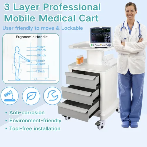 Vista 3 de Carrito de ultrasonido móvil para escáner de imágenes, carrito médico con 3 cajones y 4 ruedas silenciosas universales, almacenamiento de belleza