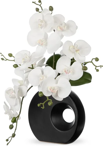 Vista 11 de Briful Flores de orquídea artificiales en jarrón de cerámica moderna de 40 cm de altura, arreglo de orquídea azul falsa de seda, flor de orquídea