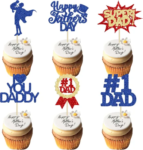 Vista 9 de 24 adornos para cupcakes con temática de sombrero para el Día del Padre, con purpurina azul, mejores selecciones de cupcakes para papá, decoraciones