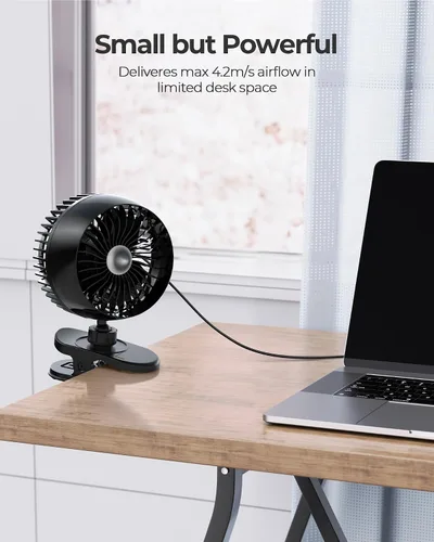 Vista 2 de Koonie Ventilador USB con clip, viento fuerte, ultra silencioso, pequeño ventilador de escritorio con abrazadera fuerte, ajustable de más de 360°, 3
