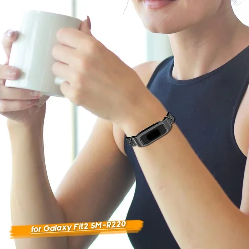Vista 6 de Correa de reloj de metal compatible con Samsung Galaxy Fit2 SM-R220 de acero inoxidable con marco protector de caja de repuesto para Fit 2 SM-R220