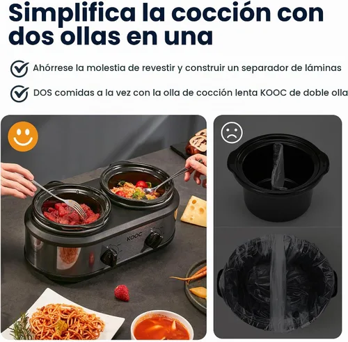 Vista 6 de KOOC Olla de cocción lenta doble pequeña, servidor de buffet y calentador, 2 ollas mini con 3 temperaturas ajustables individuales, ollas cerámicas