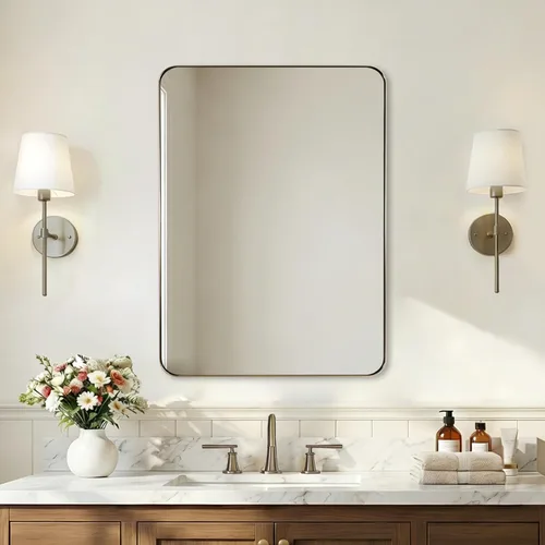 Vista 12 de ANDY STAR Espejo de pared cuadrado para baño, espejo de baño negro mate de 24 x 24 pulgadas, espejo de metal de esquina redondeada en marco de acero