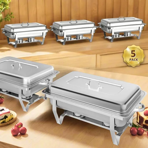 Vista 11 de Juego de 2 Platos Calentadores de Acero Inoxidable de Tamaño Completo de 8 Cuartos de Galón para Buffet, Juego de Calentador Rectangular Plateado
