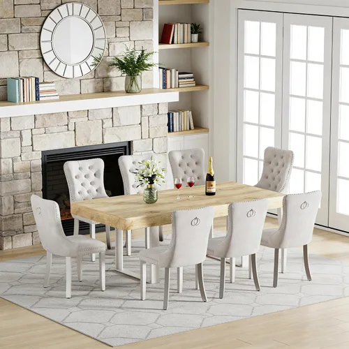 Vista 27 de Juego de mesa de comedor extensible de 5 piezas para 4, mesa de cocina de madera marrón de 63-78.7 pulgadas con 4 sillas acolchadas beige, juego
