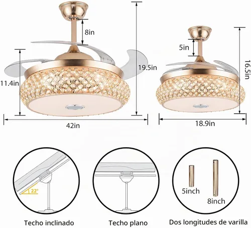 Vista 5 de WWahuayuan Ventilador de techo invisible retráctil de 42 pulgadas con luz y altavoz Bluetooth, candelabro ventilador Bluetooth moderno con control
