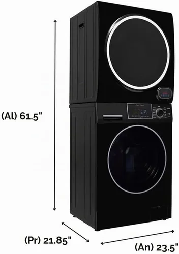 Vista 3 de Pemberly Row Stackable Washer and Compact Short Dryer Set, Stainless Steel, Black Finish, 15lbs Washer, 3.5 cu. ft. Dryer, Touch Buttons, Pet Cycle