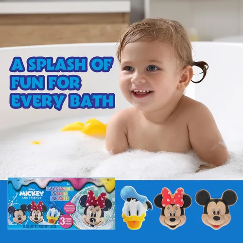 Vista 8 de Bombas de baño de Mickey, Minnie y Pato Donald para niños, colores brillantes de arcoíris, con aroma a bayas, para niños de 3 años en adelante