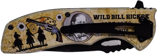 Vista 3 de Cuchillo de bolsillo plegable Wild Bill Hickok, cuchillo de bolsillo de acero inoxidable de 4.75 pulgadas con retrato pintado de Wild Bill Hickok