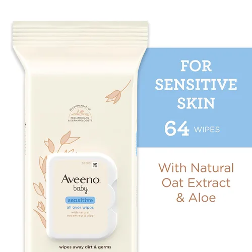 Vista 2 de Aveeno Baby Toallitas sensibles con aloe y extracto de avena natural para cara, parte inferior, manos y cuerpo, pH equilibrado, hipoalergénico