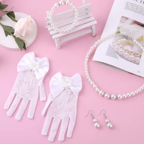 Vista 6 de Yolev Juego de 4 piezas de collar de perlas, pulseras, aretes, conjuntos de joyas y guantes de comunión de encaje blanco para concursos de boda