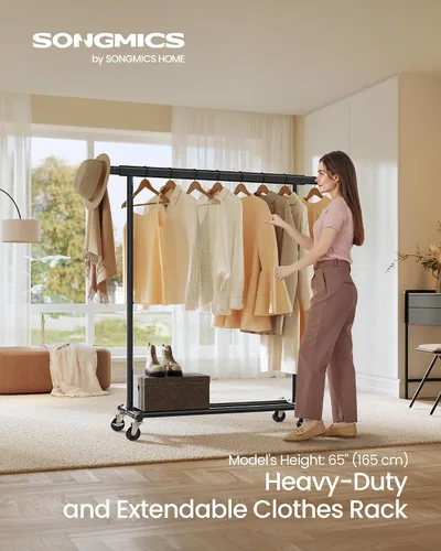 Vista 2 de SONGMICS Perchero con ruedas, perchero resistente para colgar ropa, portátil, 17.7 x (36.2-52) x 63.6 pulgadas, con riel extensible, capacidad