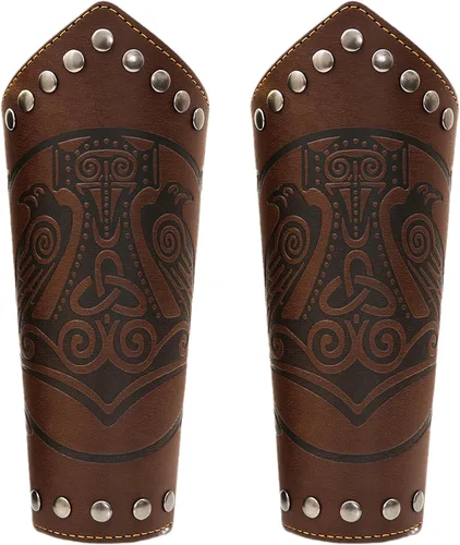 Vista 16 de Medieval Leather Bracers Embossed Viking Knight Cosplay Arm Guard Jormungandr Brazo de cuero Armadura-marrón (2pcs)