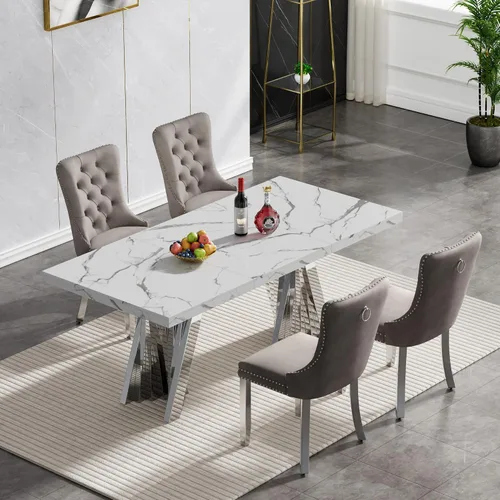 Vista 30 de Juego de 5 mesas de comedor, juego de mesa de cocina y comedor para 4, mesa de comedor rectangular de mármol sintético negro de 70 pulgadas con base