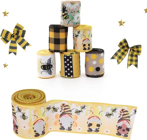 Vista 4 de 6 rollos de cinta de abeja de 30 yardas, cinta de borde con cable, cinta de miel para envoltura de manualidades de primavera y verano, rayas de 2.5