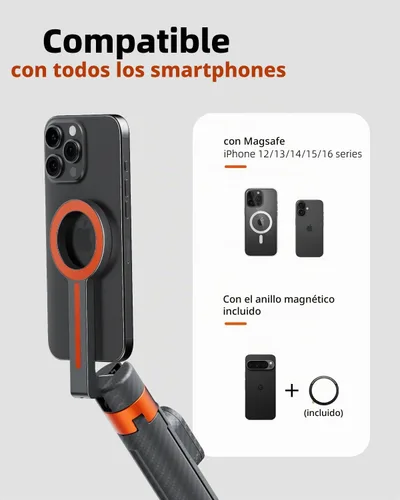 Vista 4 de TODI Trípode magnético de 65" para iPhone con control remoto, palo de selfie para iPhone Magsafe, soporte de trípode para teléfono celular