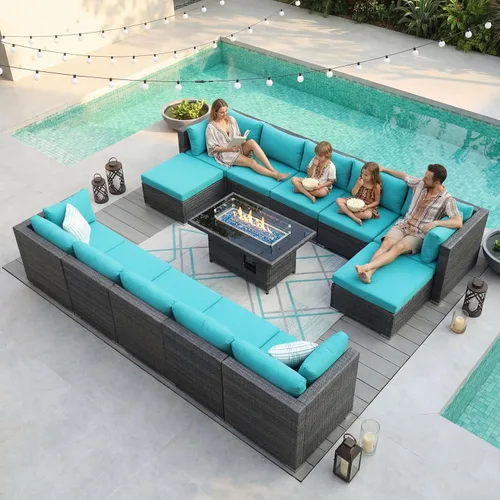 Vista 99 de NICESOUL Juego de muebles de patio de ratán extra grande con mesa para fogata de gas y propano, 29.3 pulgadas, respaldo alto, cómodos conversaciones