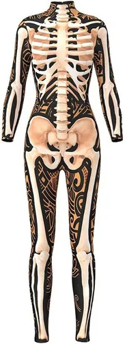 Vista 30 de Sister Amy Disfraz de esqueleto de calavera para mujer de Halloween, traje ajustado de una pieza J-colorido esqueleto