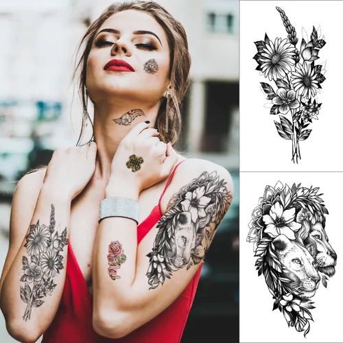 Vista 6 de Tatuajes temporales de manga completa para hombres y mujeres, 46 hojas de tatuajes falsos para adultos, león realista, lobo, águila, ciervo, flor