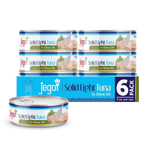 Vista 21 de Jego Atún ligero sólido en aceite de oliva Keto Bajo en carbohidratos Sin gluten Sin soja Enlatado Listo para comer Paquete de 3
