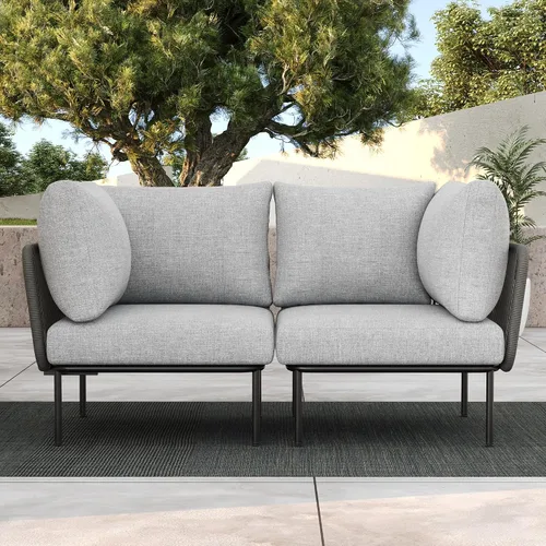 Vista 25 de LayinSun Juego de muebles de patio de aluminio de 7 piezas, sofá modular moderno con mesa auxiliar y cojín de grosor mejorado Gris claro