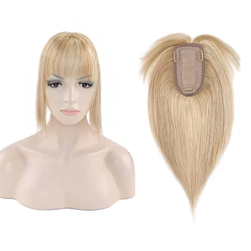 Vista 28 de MY-LADY Top Hairpieces para mujer con flequillo, base mono natural, 100% cabello humano real, clip en pieza de cabello lacio en medio para pérdida