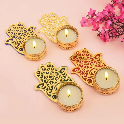 Vista 7 de SATVIK Juego de 2 portavelas de té Hamsa para Diwali tallado a mano para decoración del hogar