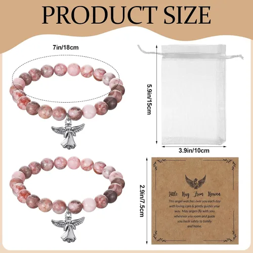 Vista 2 de Quelay Juego de 12 pulseras de ángel con tarjeta de felicitación y bolsa de organza, pulseras inspiradoras de piedra natural rosa inspiradora