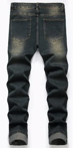 Vista 2 de Pantalones de mezclilla lavados para hombre con corte ajustado y elástico de moda Hip Hop