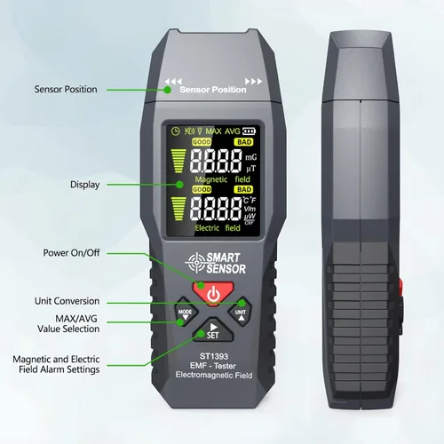 Vista 8 de Medidor EMF, probador de EMF LCD portátil, detector de radiación de campo electromagnético digital para el hogar, oficina, automóvil, vehículo